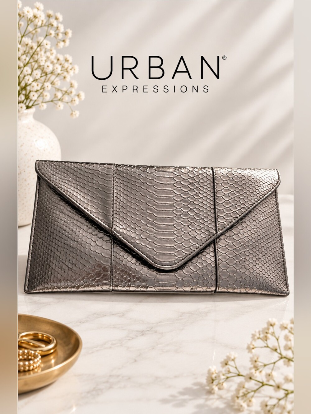 EUC Urban Expressions Metallic Silver Snake Print Textured Clutch, 6.5"Hx14"W
